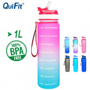 Quifit Chai Nước Thể Thao Bằng Tritan Bề Mặt Nhám Không BPA Có Ống Hút Và Đánh Dấu Thời Gian Dung Tích 1L