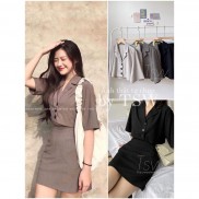 Set bộ croptop áo cổ vest ngắn tay kèm chân váy trơn ngắn có lót trong