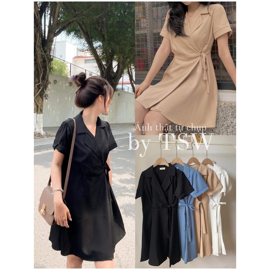 Váy cổ vest buộc vạt chéo tôn dáng (Ảnh thật)