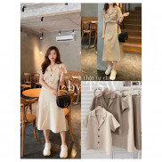 Set vest croptop kèm chân váy dài chữ A kéo khoá (Ảnh thật)