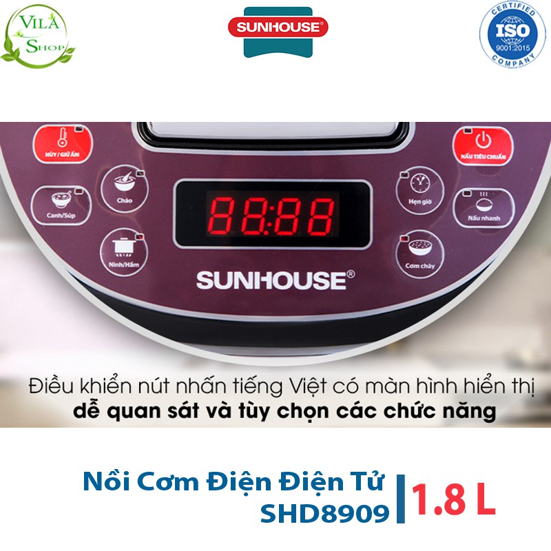 Nồi Cơm Điện Tử 1.8L Sunhouse SHD8909, Nồi Cơm Trang Bị Hệ Thống Nấu Tự Động