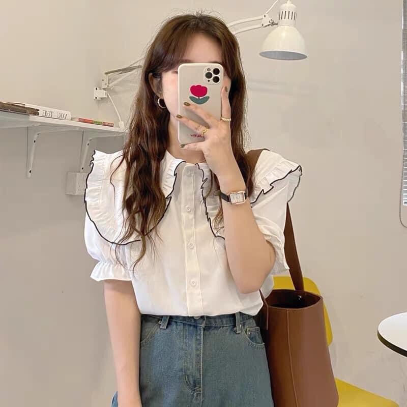 [SALE] Áo Sơ Mi Nữ Kiểu A.200, áo sơ mi kiểu nữ cộc tay bo chun bèo nhẹ cổ bèo sen viền đen lượn sóng cực xinh