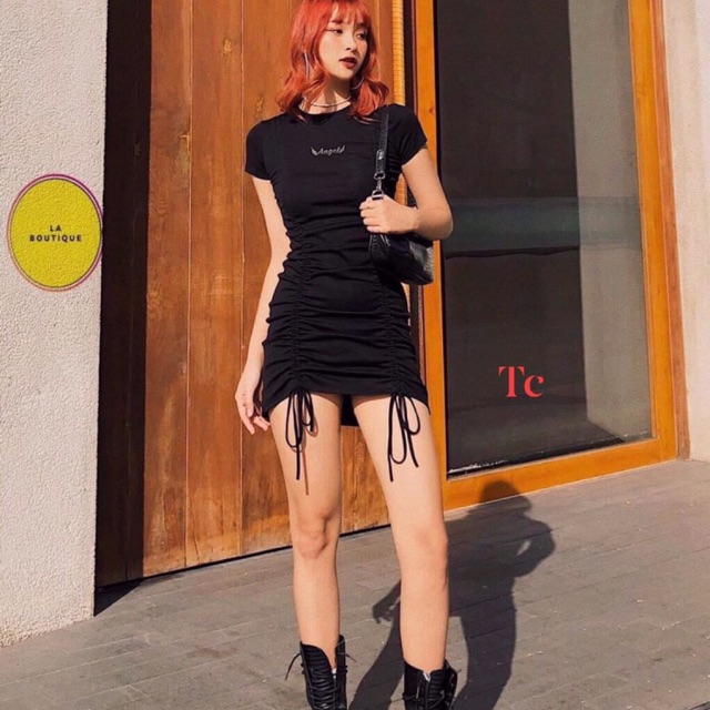 Váy thun ngắn tay body rút eo thêu Angel