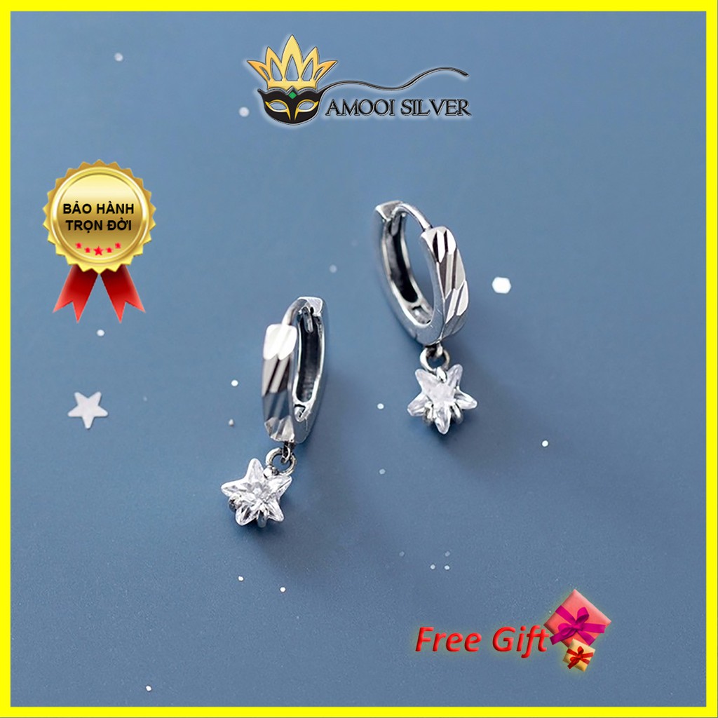 Bông Tai Bạc Khoen Tròn Ngôi Sao Đường Kính 8MM - Hoa Tai Bạc S925 - Khuyên Tai Bạc 925 Khoen Tròn - AMOOI SILVER