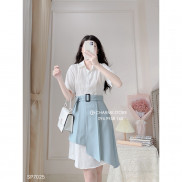 Váy nữ dáng sơ mi phối màu kèm đai vuông thắt eo thiết kế Charme 7025