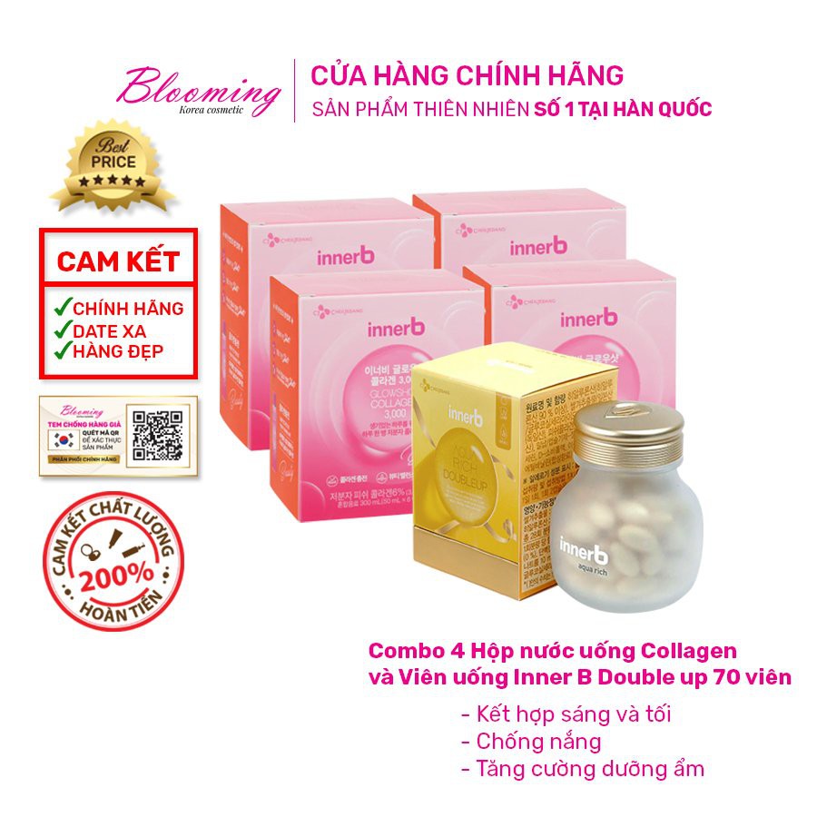 Combo giữ ẩm da sáng mịn InnerB Aqua Rich DoubleUp & 4 hộp Collagen InnerB Glowshot