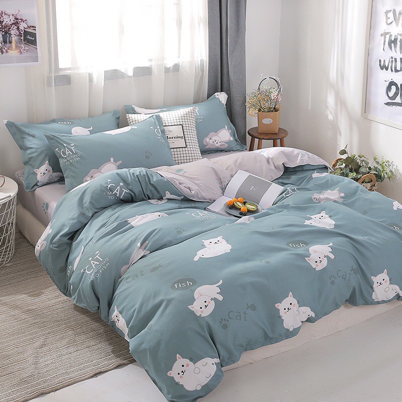 Bộ chăn ga gối Cotton Poly M2T bedding Mèo lười, vỏ chăn mền, drap giường và 2 vỏ gối