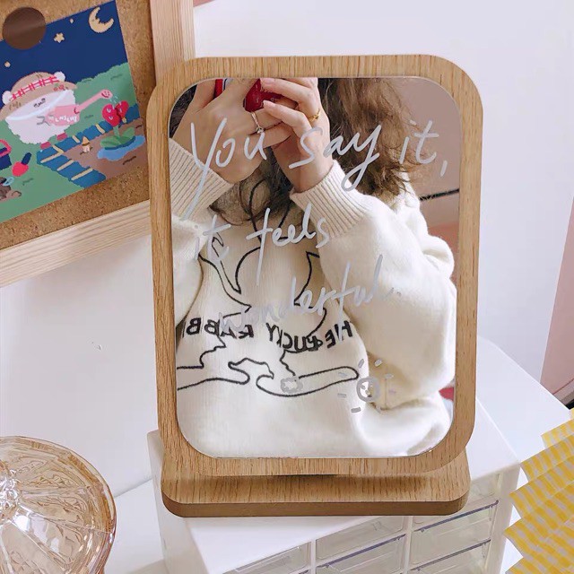 Gương soi trang điểm để bàn, khung gỗ phong cách hàn quốc trẻ trung và hiện đại