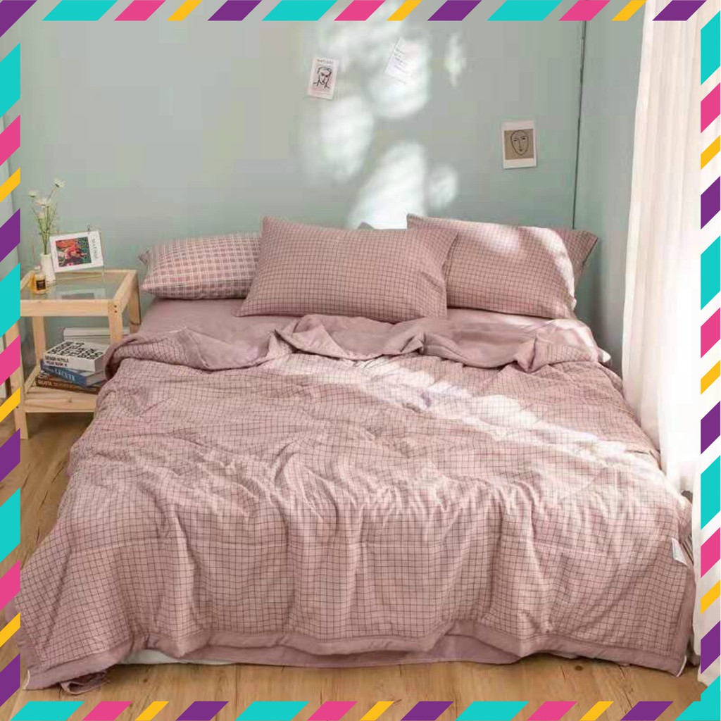 Bộ Chăn Ga Gối Cotton Đũi Mịn - Cotton Đũi Chăn Chần Phối Kẻ Siêu Xinh Hàng Nhập Khẩu Full Set 4 Món