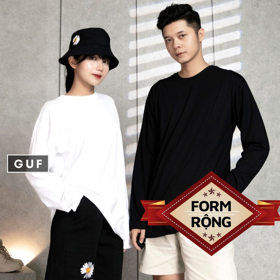Áo Thun Tay Dài Nam Nữ Form Rộng Cổ Tròn Đen Trắng Chất Phông Cao Cấp Basic Unisex Thương Hiệu GUF