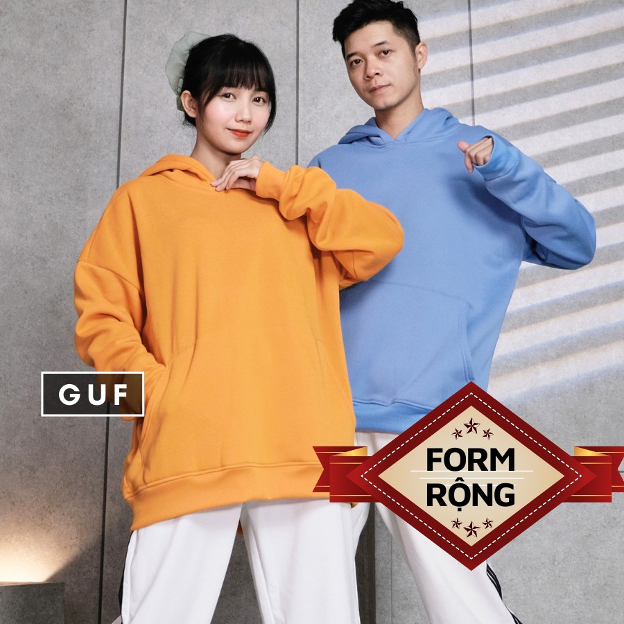 Áo Hoodie Trơn Nam Nữ Form Rộng Chất Nỉ Bông Thiết Kế Mũ To Lớn 2 Màu Nổi Bật Cam Xanh GUF