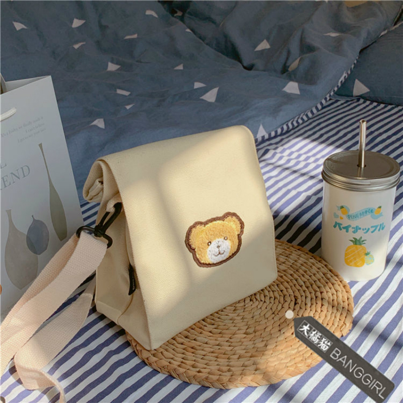 Túi canvas đeo chéo mềm mại họa tiết gấu nhỏ thời trang Harajuku Nhật Hàn đáng yêu dành cho nữ