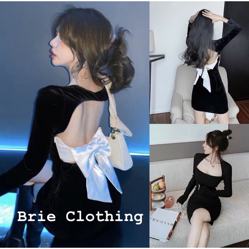 ĐẦM NHUNG ĐEN CỔ VUÔNG PHỐI CỘT NƠ LƯNG TRẮNG