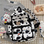 Balo ulzzang, balo vải đi học họa tiết bò sữa, cặp nữ dễ thương. B140 balo ghép màu menghua 2 túi dưới
