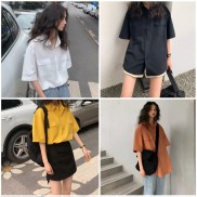 Áo sơ mi nữ SAM CLO cổ bẻ tay ngắn - lỡ ulzzang form freesize dáng rộng unisex mặc cặp, nhóm, couple TRƠN HAI TÚI