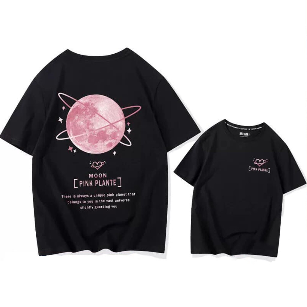 Áo thun tay lỡ nữ freesize phông form rộng dáng Unisex, mặc lớp, nhóm, cặp in hình MẶT TRĂNG MOON PINK PLANTE màu đen