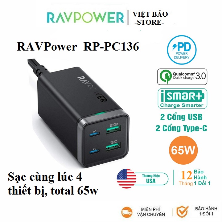 Củ Sạc 4 cổng 65W RAVPower RP-PC136 - GaN tech (dual type-C) Bảo hành 12 tháng