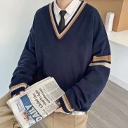 Áo Sweater Dệt Kim Tay Dài Dáng Rộng Cổ Chữ V Thiết Kế Đơn Giản Dễ Phối Đồ Cho Nam
