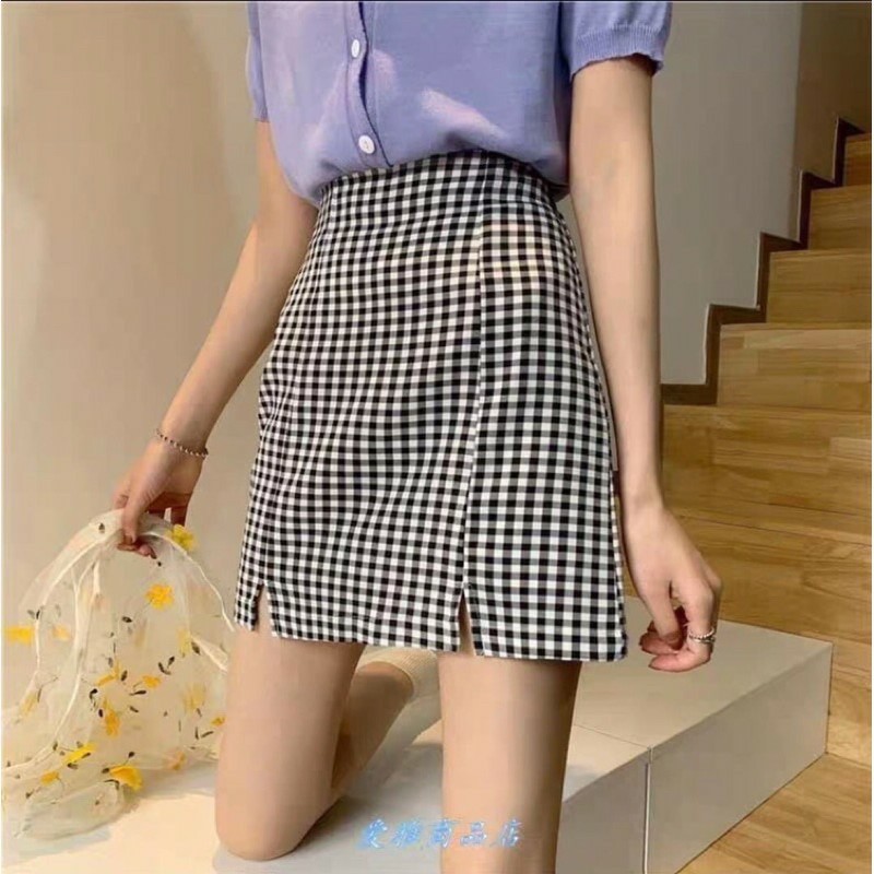 chân váy a dáng ngắn xẻ cạnh hàn quốc 3 màu đen-xám-kẻ caro