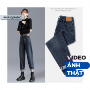 Quần jean baggy, quần bò baggy haiquang cạp cao chun lưng 2 khuy tôn dáng màu đen xám -Mã HQ40