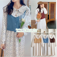 Váy hoa nhí nhung cổ bèo vintage dài tay thu đông ULLZZANG quảng châu, Váy cổ bèo Hàn Quốc - Xưởng May Hạnh Hồng
