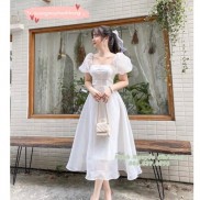 Váy trắng dự tiệc tiểu thư tay phồng cổ vuông, Váy công chúa trắng tay bồng có đệm ngực - Xưởng May Hạnh Hồng