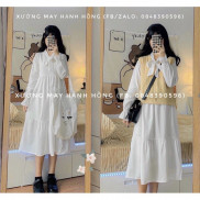 Váy trắng dài cổ nơ trắng 2 tầng, váy babydoll trắng - Xưởng May Hạnh Hồng