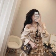 Váy nữ trễ vai đầm tiểu thư caro tôn dáng cho nàng thời trang nữ dạo phố dự tiệc
