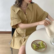 Áo Sơ Mi 43825 Tay Ngắn Dáng Rộng Màu Trơn Xẻ Tà Thời Trang Cho Nữ