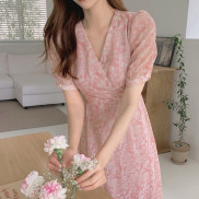 Đầm Voan Hoa Dài Cổ Chữ V Nhấn Eo Phong Cách Hàn Quốc Mới 44225