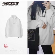Áo Sweater Nỉ Cổ Trụ Kéo Khóa Thêu Chữ Bo Tay Form Rộng Ulzzang