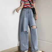 Quần Jeans Ống Rộng Xanh - Quần Ống Rộng Nữ Dáng Suông Jeans Rách Gối Ulzzang Q50 (có rua gấu )
