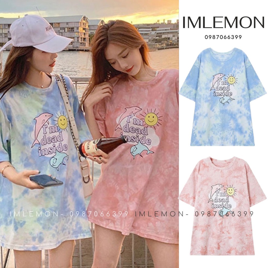 Áo Thun Tay Lỡ Nam Nữ TIE- DYE Loang 2 MÀU IN HÌNH IM DEAD INSIDE SIÊU CUTE