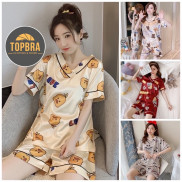 Bộ Ngủ Lụa, Pijama Cộc Tay Mặc Nhà Ulzzang Hoạ Tiết Dễ Thương TOPBRA