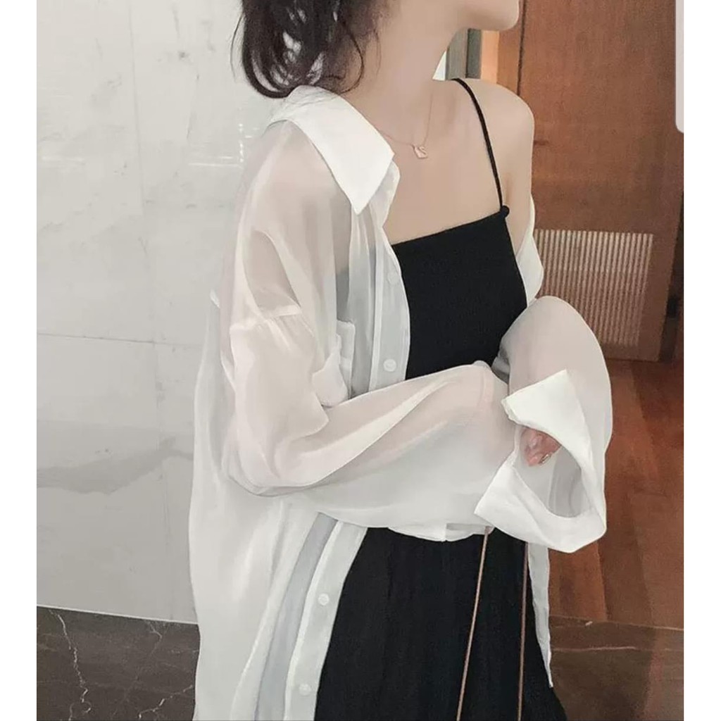Áo sơ mi khoác ngoài form rộng chất voan mềm mịn siêu xinh phối áo hai dây
