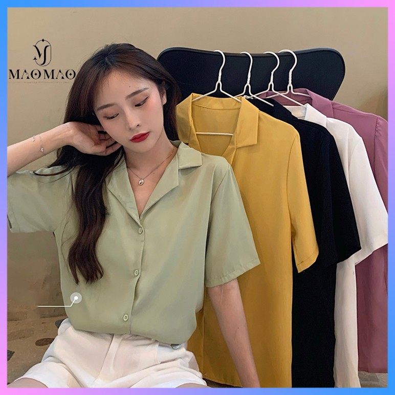 Áo sơ mi nữ đẹp tay ngắn cổ vest form rộng, Áo kiểu nữ sơ mi trắng cộc tay công sở phong cách vintage Hàn Quốc - C88