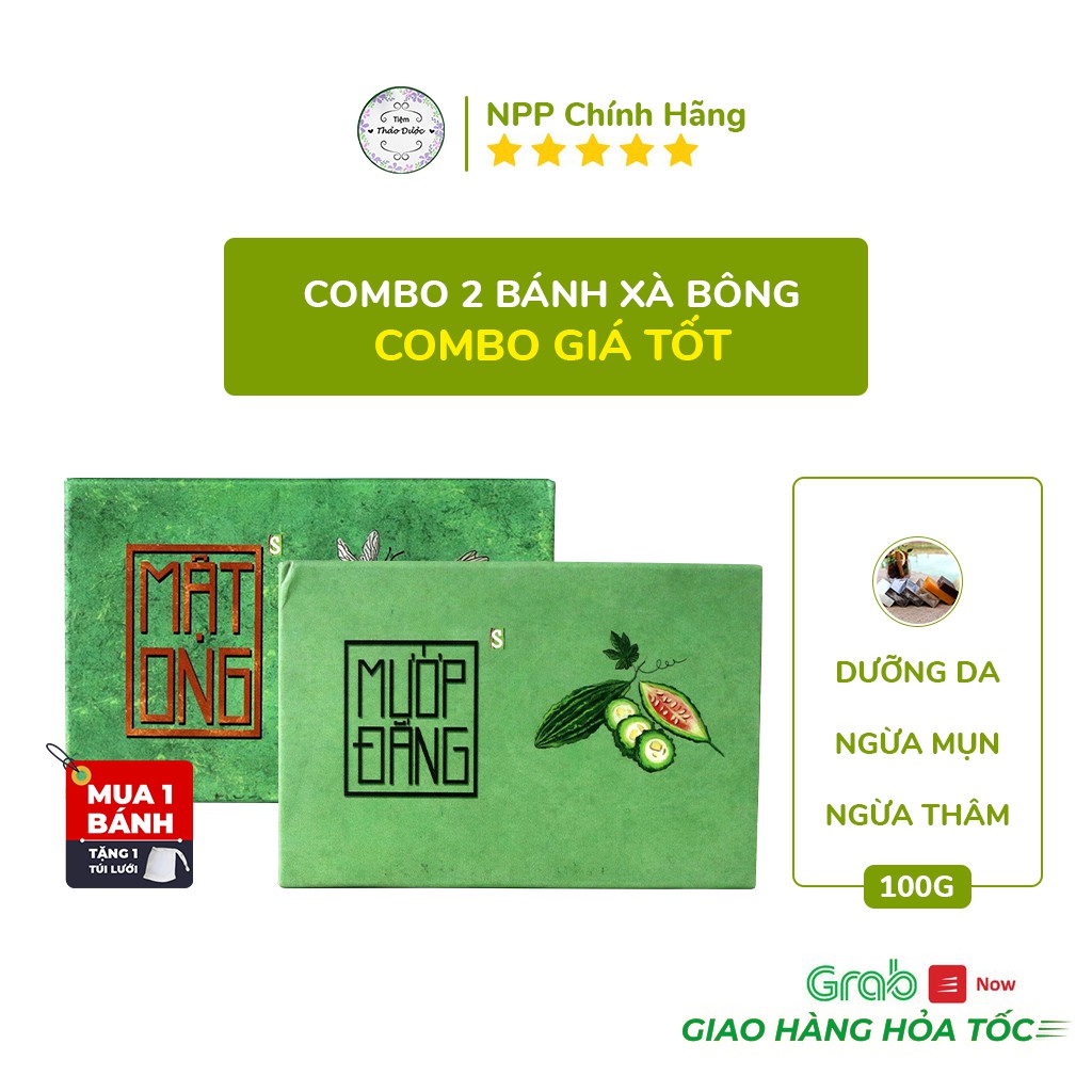  Combo 2 bánh Xà Bông Mướp đắng, Mật ong (100% thiên nhiênTặng 2 túi lưới)