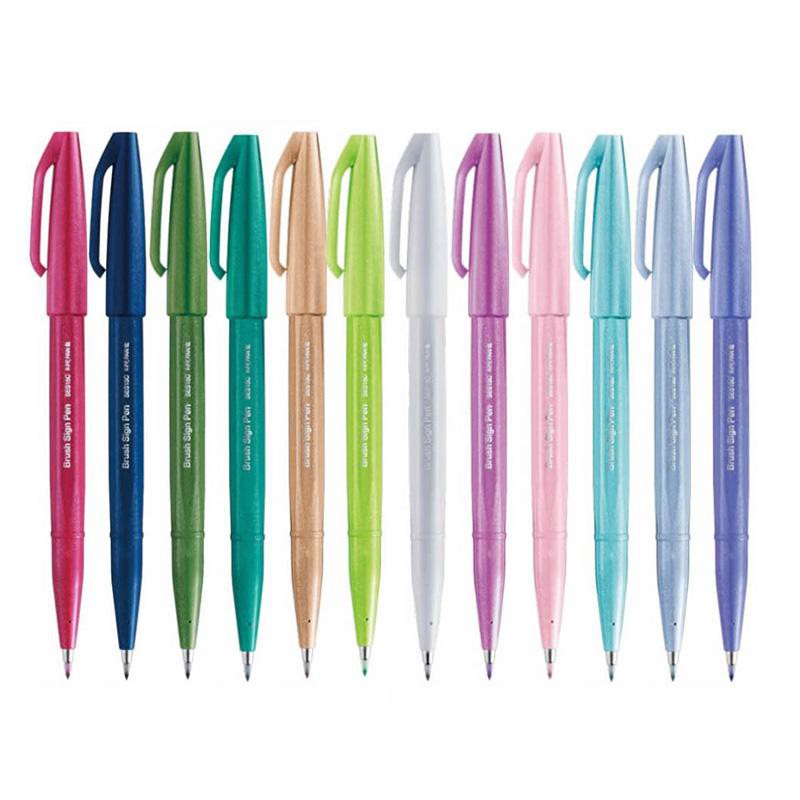 Bút Pentel Fude Touch Brush Sign 12 Màu Pastel Mới - Hàng Chính Hãng