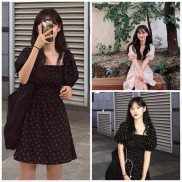 Váy hoa nhí kiểu dáng vintage chun ngực - Đầm cổ vuông hoa nhí 2 màu ( kèm ảnh khách feddback)