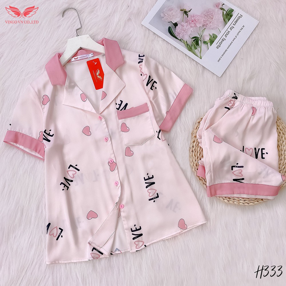 VINGO Bộ Pijama Nữ Mặc Nhà Mùa Hè Lụa Pháp Tay Cộc Quần Cộc Họa Tiết Tim Hồng Chữ Love Cao Cấp H333 VNGO
