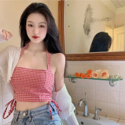 Áo Hai Dây Phối Dây Rút Họa Tiết Sọc Caro Ngọt Ngào Thời Trang Mùa Hè Cho Nữ