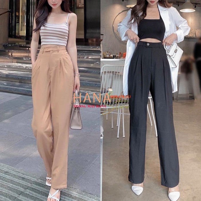 Quần ống rộng công sở nữ dài xếp ly có túi khóa - Màu Đen Trắng Be - Cạp có đai lưng cao - Vải mềm - Mặc đi làm học sinh