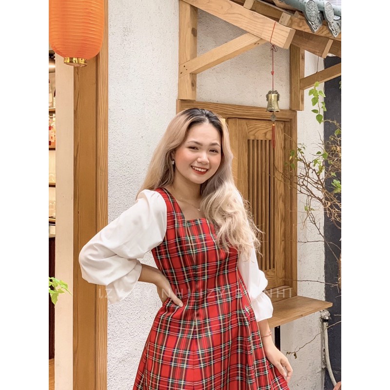VÁY ĐẦM KẺ ĐỎ PHỐI TAY TRẮNG BIGSIZE - SWEETIE DRESS - IZYBYNHI