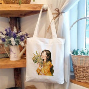 Túi tote vải canvas đeo vai cô gái và hoa đáng yêu