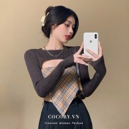 Áo croptop in họa tiết caro / áo khoác lửng tay dài quyến rũ thời trang nữ