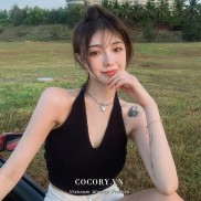  【Cocory】 Áo croptop dệt kim hai dây cổ chữ V thời trang gợi cảm cho nữ