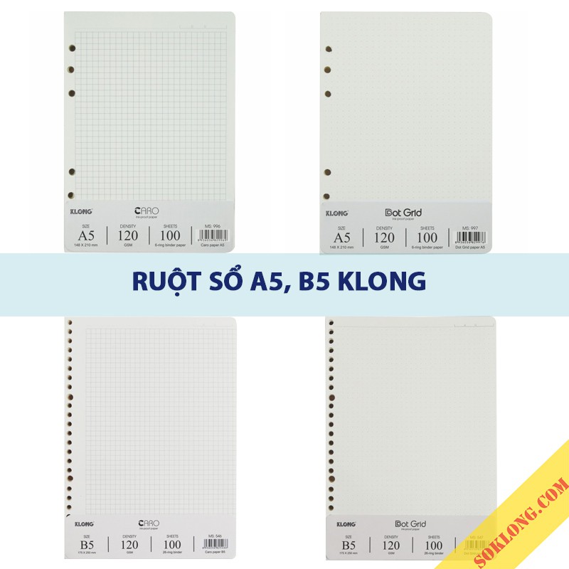 Ruột sổ còng Klong A5, B5 chấm dotgrid/ caro, giấy refill binder thay thế tiện lợi