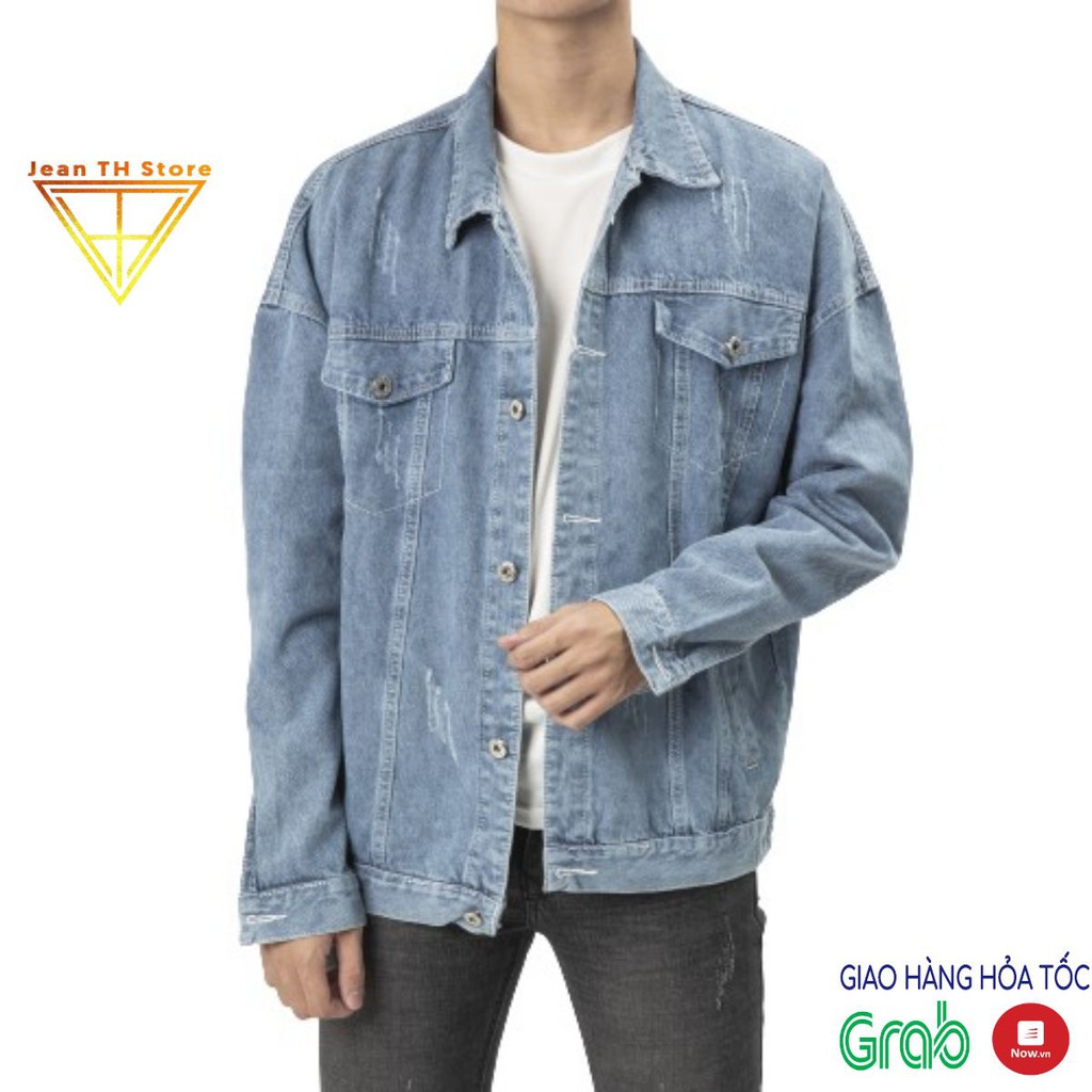 Áo khoác jean unisex nam nữ TH Store màu bò xanh cào xước phong cách ulzzang