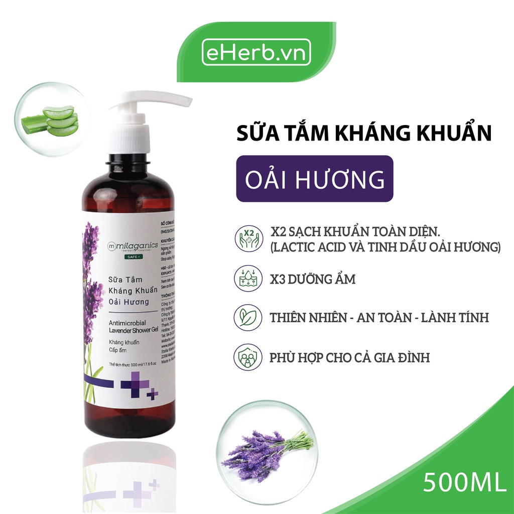 Sữa Tắm Tinh Dầu Oải Hương Kháng Khuẩn, Loại Bỏ Tế Bào Chết, Cấp Ẩm, Tái Tạo Da MILAGANICS 500ml (Chai)