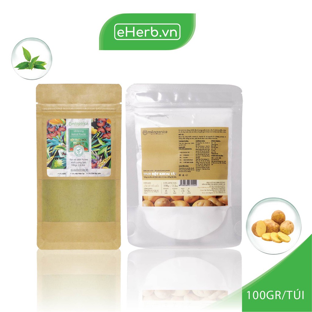 Combo Mặt Nạ Bột Siêu Trắng Da Bột Thảo Mộc Trắng Da & Bột Khoai Tây MILAGANICS (100g/ Túi)